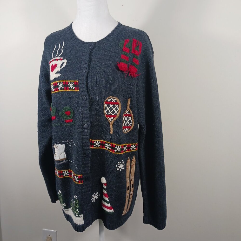 Quaker Factory Novelty Cardigan, Dark Gray Ski Winter Theme, SZ M, Holiday Cabin - Picture 2 of 14